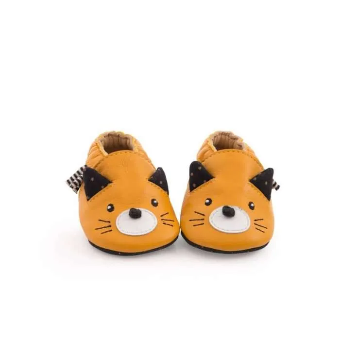 Chaussons-cuir-chat-moutarde-Les-moustaches-0-6-mois-Moulin-Roty Expédition Rapide Chaussons cuir chat moutarde Les moustaches 0-6 mois Moulin Roty