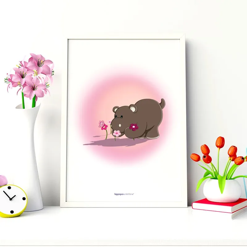 Affiche – Hippopotame – Potam cueille des fleurs Haute Qualité