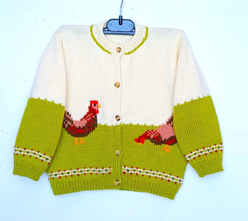Gilet-enfant-avec-des-poules-tricot-main-taille-2-ans Gros Lot Gilet enfant avec des poules, tricot main , taille 2 ans
