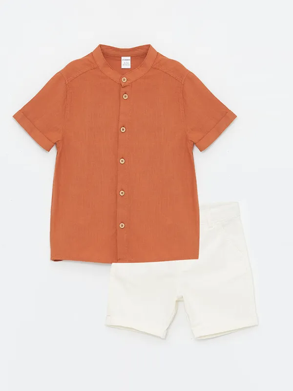 LCW-Kids-Ensemble-2-Pi232ces-Chemise-224-Col-Mao-224-Manches-Courtes-et-Shorts-pour-B233b233-Gar231ons Prix Cassé LCW Kids Ensemble 2 Pièces Chemise à Col Mao à Manches Courtes et Shorts pour Bébé Garçons