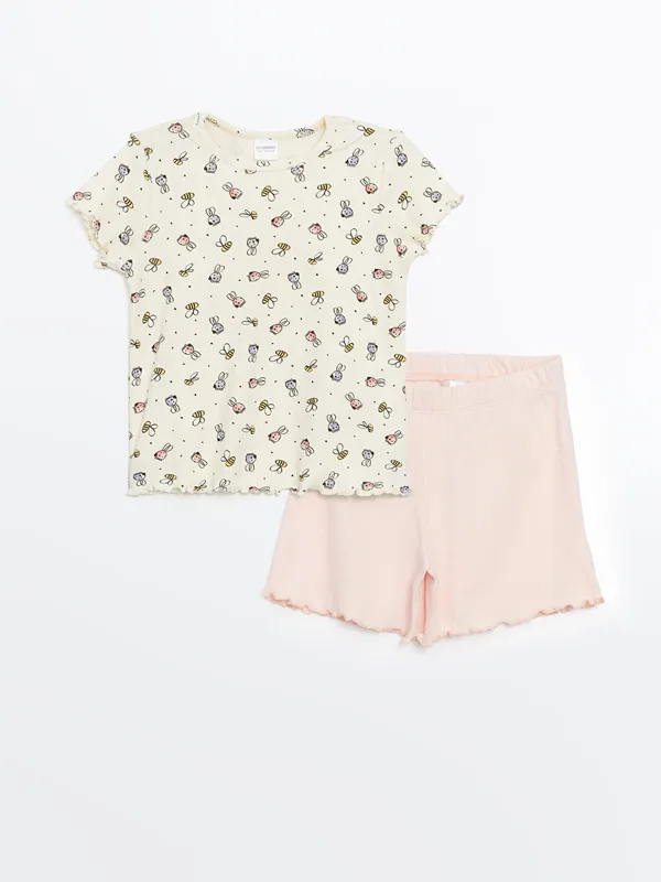 LCW-Kids-Ensemble-Pyjama-Court-224-Col-Rond-Imprim233-Manches-Courtes-pour-Filles-avec-Shorts Marque LCW Kids Ensemble Pyjama Court à Col Rond Imprimé Manches Courtes pour Filles avec Shorts
