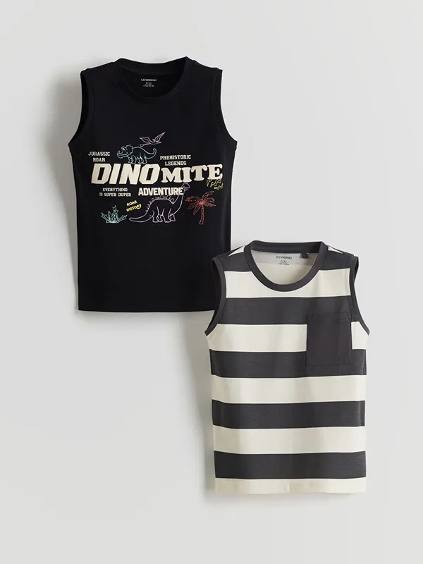 LCW-Kids-Lot-de-2-D233bardeurs-Imprim233s-pour-Gar231ons-Col-Rond LCW Kids Lot de 2 Débardeurs Imprimés pour Garçons Col Rond Promotion Saisonnière