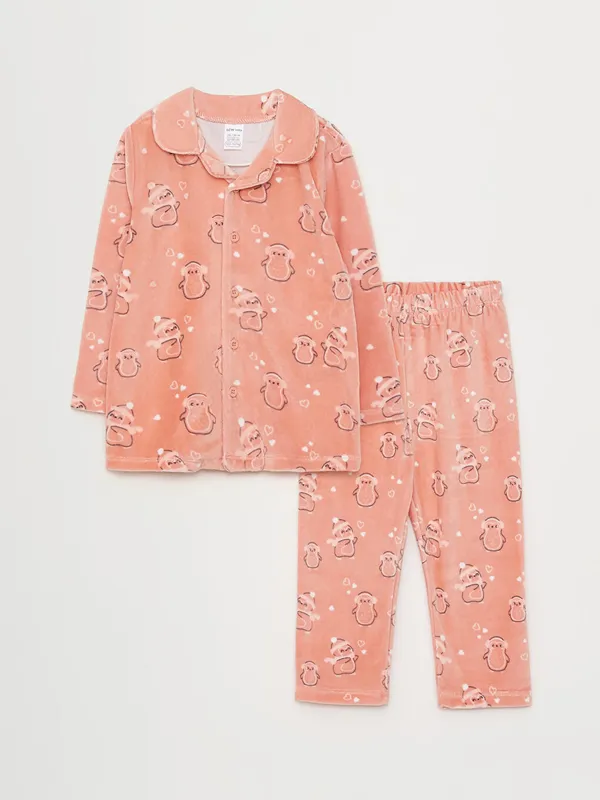 LCW-baby-Ensemble-de-pyjama-b233b233-fille-imprim233-224-manches-longues-en-velours-col-polo Vente Directe LCW baby Ensemble de pyjama bébé fille imprimé à manches longues en velours col polo