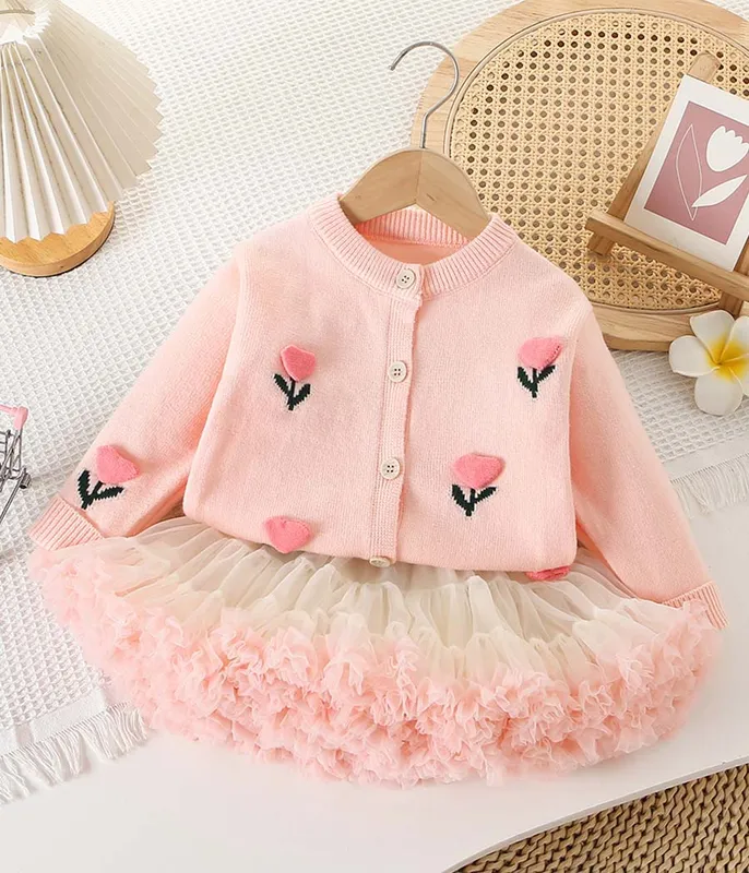 Cardigan-rose-à-tulipes-avec-jupe-tutu-bicolore-12256 Haute Qualité Cardigan rose à tulipes avec jupe tutu bicolore