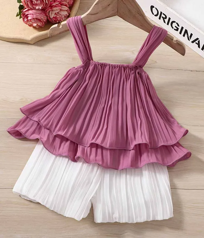 Ensemble-de-short-blanc-et-haut-mauve-plissés-pour-fillettes-11994 Ensemble de short blanc et haut mauve plissés pour fillettes Meilleur Prix