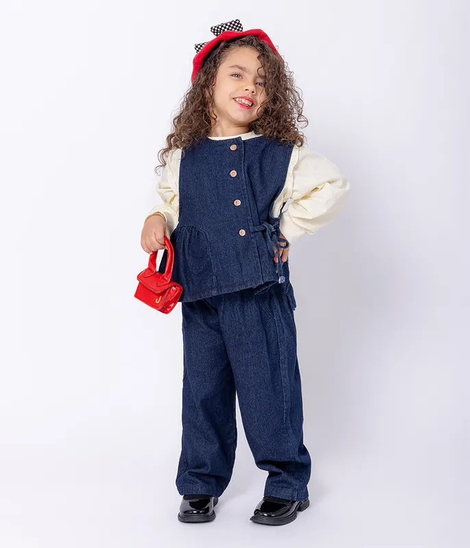 Ensemble-en-jean-avec-pull-beige-à-manches-bouffantes-12327 Livraison Gratuite Ensemble en jean avec pull beige à manches bouffantes