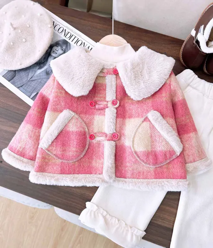 Manteau-polaire-pour-filles-à-carreaux-rose-et-blanc-12393 Manteau polaire pour filles à carreaux rose et blanc Super Prix