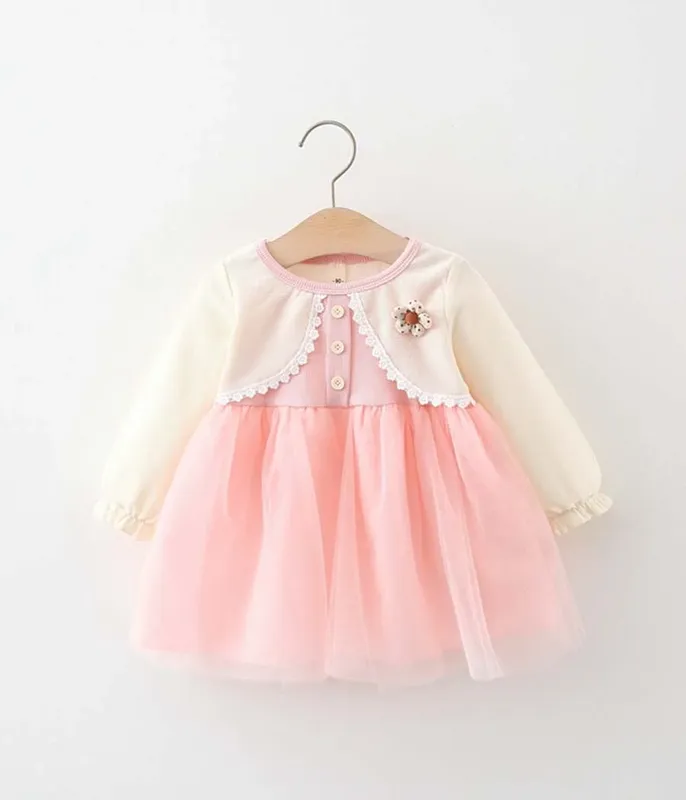 Robe-rose-en-tulle-à-manches-longues-pour-enfant-12281 Nouvel Arrivage Robe rose en tulle à manches longues pour enfant
