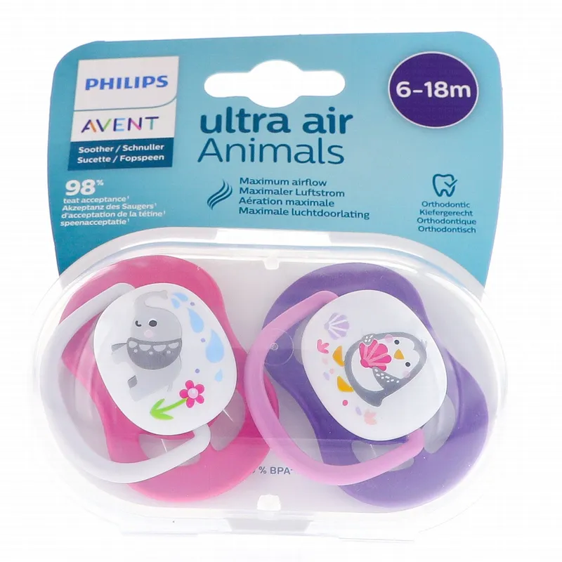 AVENT-Ultra-Air---Sucettes-6-18-mois-pinguinélephant Nouveauté AVENT Ultra Air - Sucettes 6-18 mois pinguin/élephant