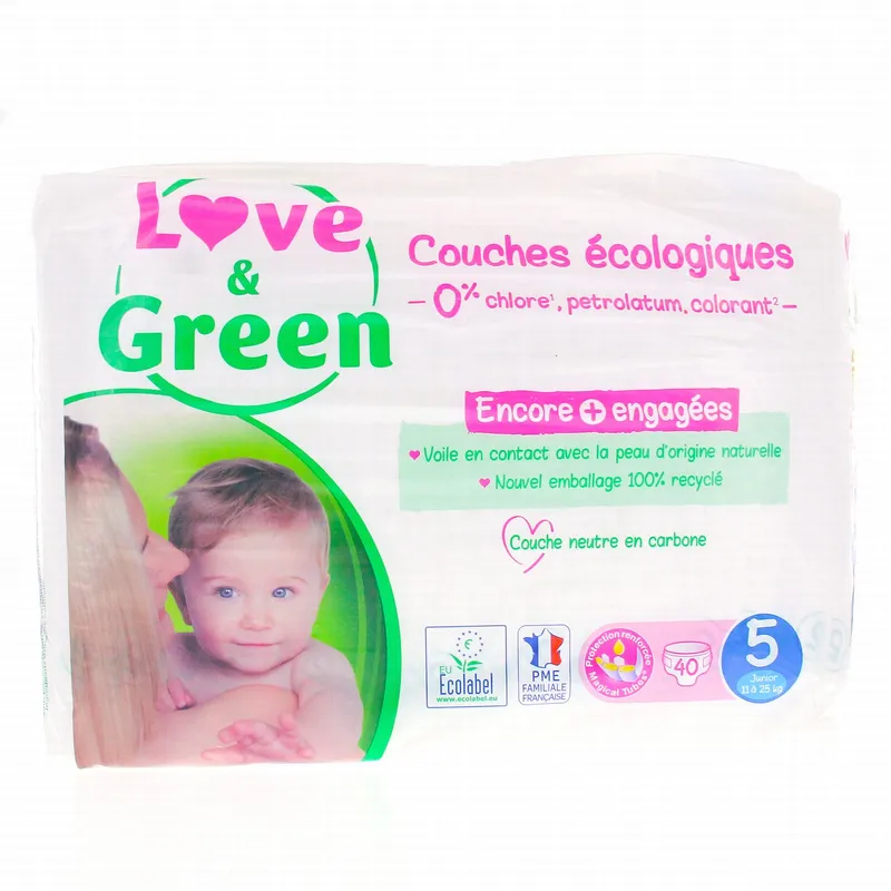 LOVEGREEN-Couches-écologiques-Taille-5---11à25kg-x40-couches Haute Qualité LOVE&GREEN Couches écologiques Taille 5 - 11à25kg x40 couches