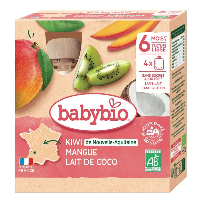 Babybio---Gourde-fruits-kiwi-mangue-lait-de-coco-dès-6-mois-4-x-90g Babybio - Gourde fruits kiwi mangue lait de coco dès 6 mois (4 x 90g) En Vogue