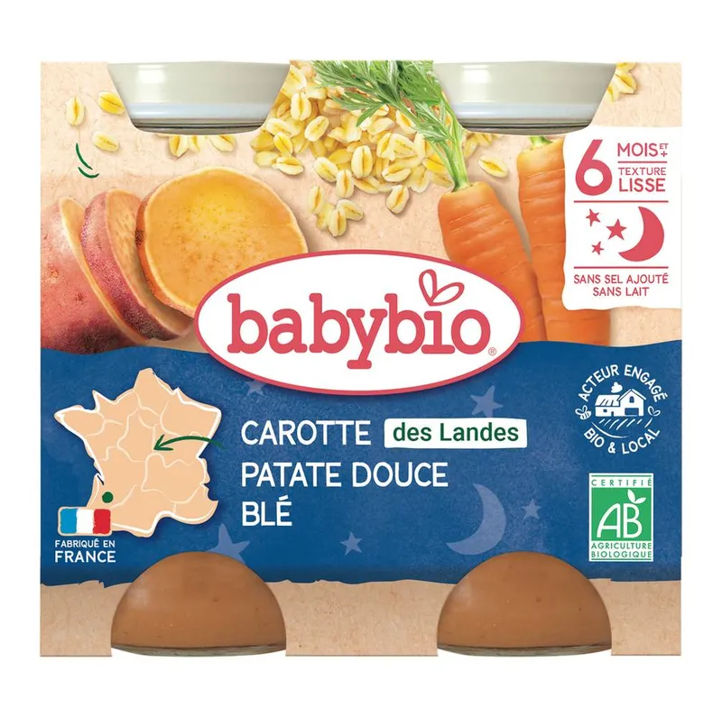 Babybio---Petit-pots-avec-des-carotte-des-landes-patate-douce-blé-6-mois-400g Nouvelle Collection Babybio - Petit pots avec des carotte des landes patate douce blé 6 mois (400g)