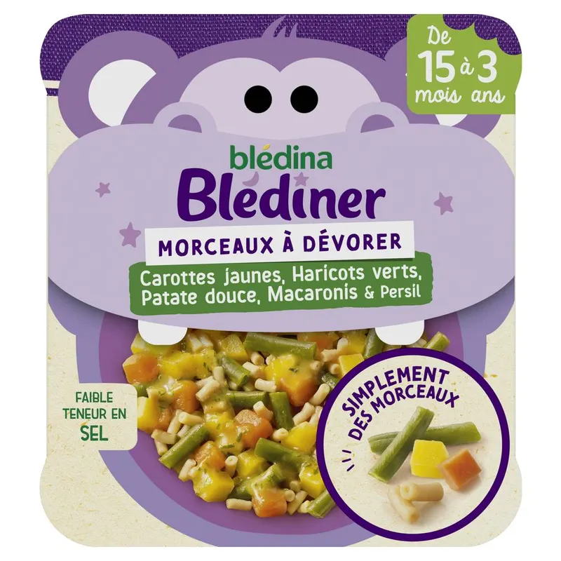 Blédina---Blédiner-plat-morceaux-à-dévorer-carottes-jaunes-haricots-verts-patate-douce-macaronis-et-persil-de15-à-3-ans-200g Blédina - Blédiner plat morceaux à dévorer carottes jaunes, haricots verts, patate douce, macaronis et persil de15 à 3 ans (200g) Retour Gratuit