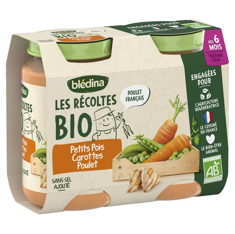 Blédina---Bébé-carottes-petits-pois-poulet-fermier-dès-6-mois-bio-400g Commande En Gros Blédina - Bébé carottes petits pois poulet fermier dès 6 mois bio (400g)