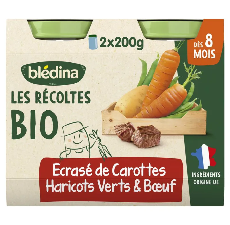 Blédina---Les-recoltes-bio-ecrasé-de-carottes-haricots-verts-bœuf-dès-8-mois-400g Commande En Gros Blédina - Les recoltes bio ecrasé de carottes haricots verts bœuf dès 8 mois (400g)