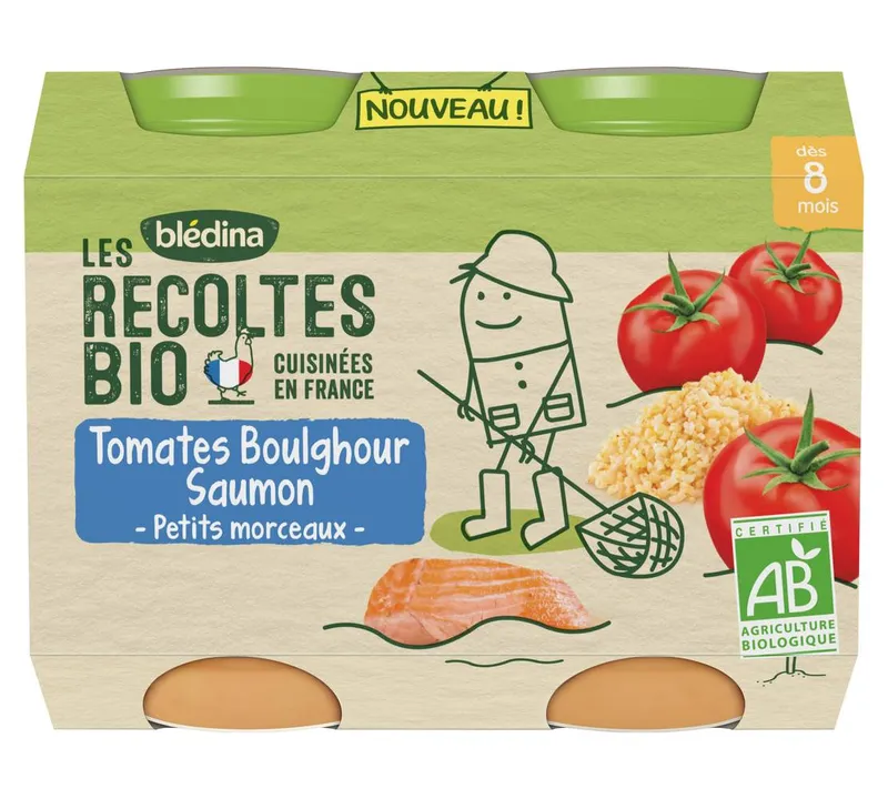 Blédina---Les-recoltes-bio-salés-tomates-boulghour-saumon-petits-morceaux-pour-bébé-dès-8-mois-salé-400g Marque Blédina - Les recoltes bio salés tomates boulghour saumon petits morceaux pour bébé dès 8 mois, salé (400g)