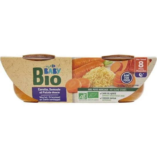Carrefour-Baby-Bio---Aliment-pour-bébé-dès-8-mois-carotte---semoule---patate-douce-2 Prix Bas Carrefour Baby Bio - Aliment pour bébé dès 8 mois, carotte - semoule - patate douce (2)