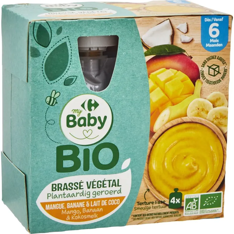 Carrefour-Baby-Bio---Brassé-végétal-mangue-banane-au-lait-de-coco-dès-6-mois-4-x-85g Livraison Express Carrefour Baby Bio - Brassé végétal mangue banane au lait de coco dès 6 mois (4 x 85g)