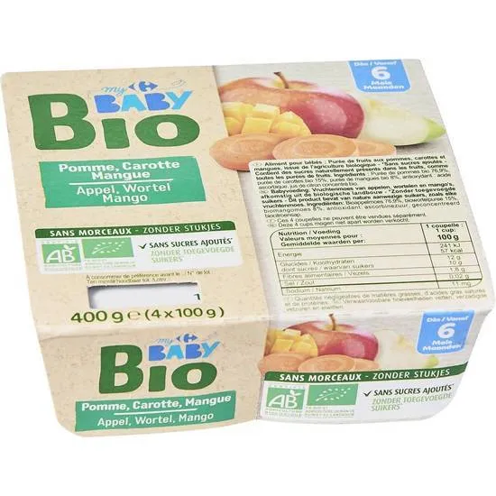 Carrefour-Baby-Bio---Purée-de-fruits-pour-bébé-dès-6-mois-pomme---carotte---mangue-4 Commander Maintenant Carrefour Baby Bio - Purée de fruits pour bébé dès 6 mois, pomme - carotte - mangue (4)