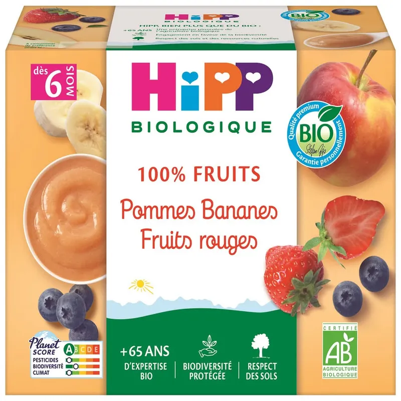 HiPP---Compote-infantile-fruits-pommes-bananes-fruits-rouges-400g HiPP - Compote infantile fruits pommes bananes fruits rouges (400g) Paiement Sécurisé