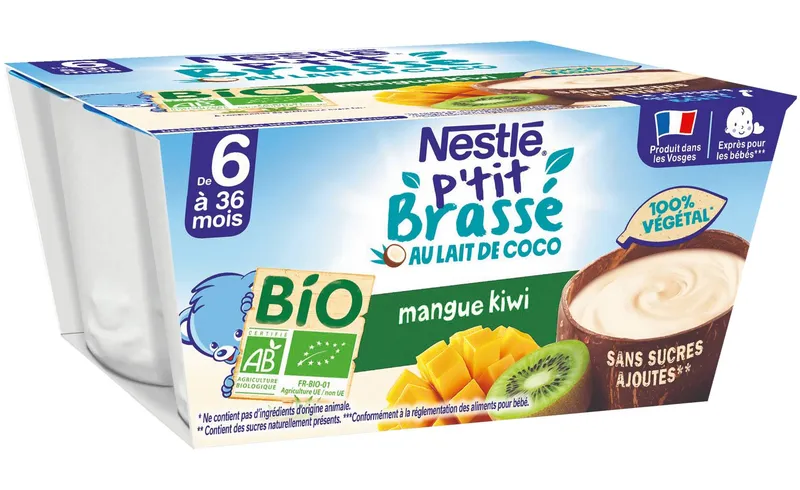 Nestlé---Purée-de-fruits-bio-mangue-kiwi-au-lait-de-coco-pour-bébé-360g Usine Directe Nestlé - Purée de fruits bio mangue kiwi au lait de coco pour bébé (360g)