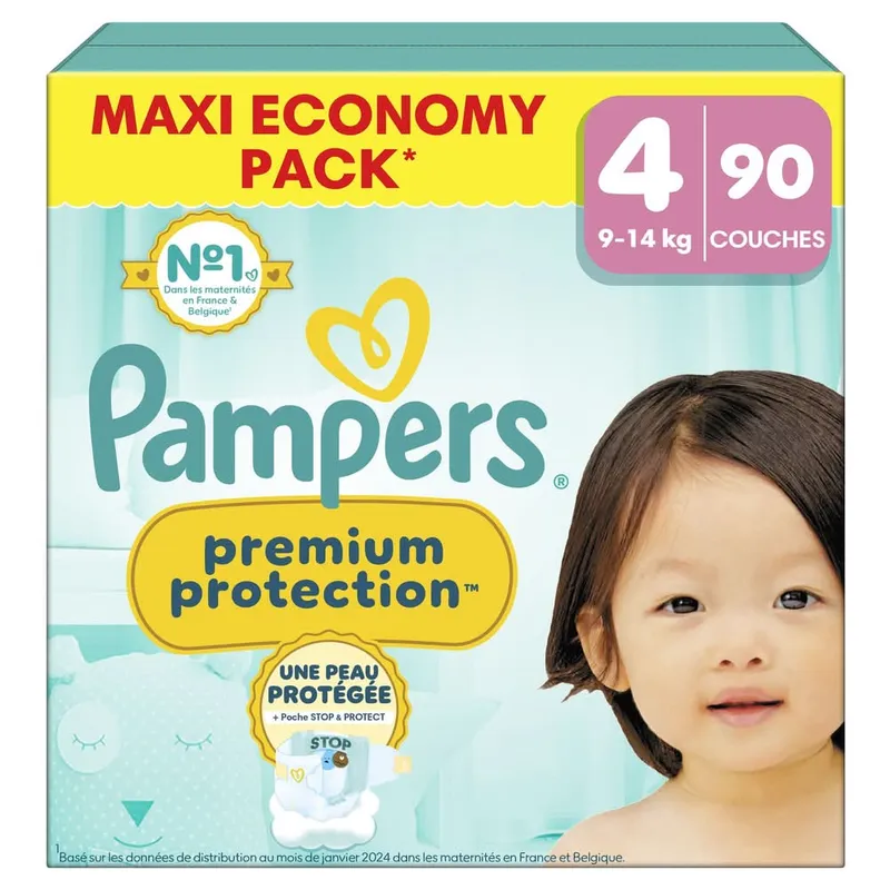 Pampers---Couches-bébés-premium-protection-9-14kg-Stage-4-90 Achetez Aujourd’hui Pampers - Couches bébés premium protection 9-14kg, Stage 4 (90)