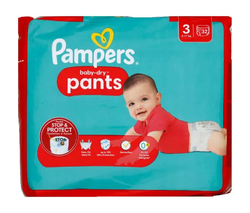 Pampers---Couches-culottes-baby-dry-pants-6-11kg-Taile-3-32 Acheter En Ligne Pampers - Couches culottes baby dry pants 6-11kg, Taile 3 (32)